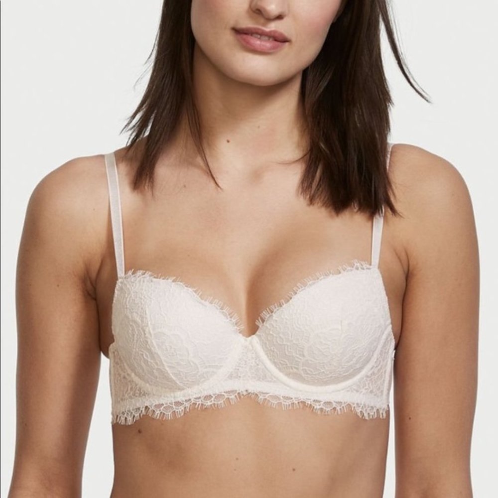 *Sold* VICTORIAS SECRET Dream Angels Lightly Lined Lace-up Demi Bra White 32C